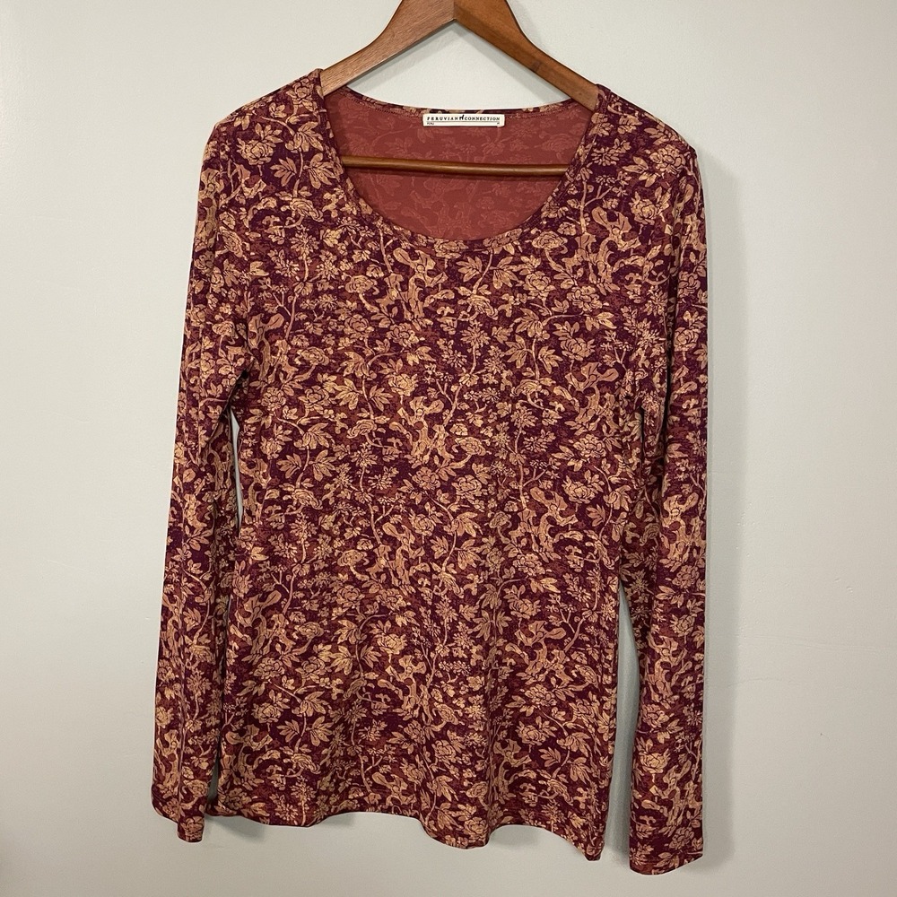Peruvian‎ Connection Pima Cotton Floral Long Sleeve Scoop Neck Size M